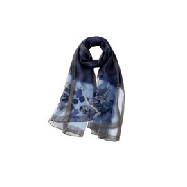 Jeelow Silk Wool Scarf Shawl Wrap Lightweight Sheer for Women Embroidered Design for Weddings & Parties (Navy flowers)