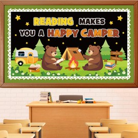 Camping Bulletin Board Decorations Set, Forest Reading Classroom Decoration Woodland Animals Bear Cutouts Camping Day School Library Window Wall Decor for Teacher(Reading Makes You A Happy Camper)
