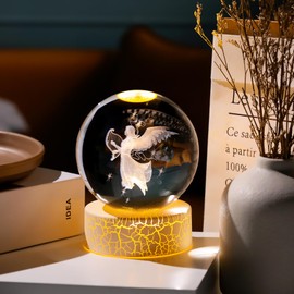 8cm K9 Crystal Ball Engraved Guardian Angel Figurine with LED Light Stand Home Collectible Paperweight Ornament Guardian Angel Wings Sentimental Memorial Gifts for Women Family Friends