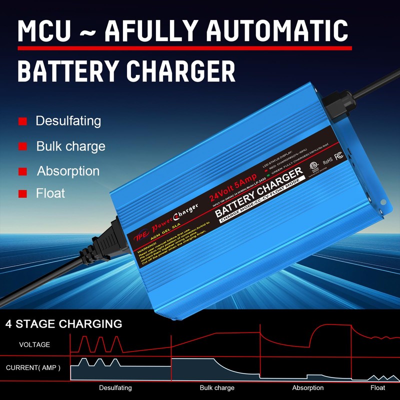 24V 5A Smart Automatic Battery Charger & Maintainer, Portable XLR