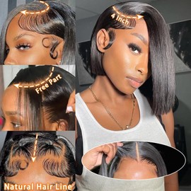 Bob Wig Human Hair 13x4 Frontal Lace Wig Short Straight HD Lace Front Bob Wigs for Black Women Human Hair Glueless Pre Plucked Hairline with Baby Hair 180% Density (14 Inch,Natural Black）