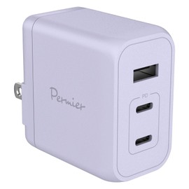 Permier PR-AP146UC2 PD65W-Compatible AC Charger, 3 USB Ports (USB-C x 2, USB-A x1), Next-Generation, GaN, Rapid Charging, AC Adapter, PSE Compliant, Foldable Plug, Apple/Android (Lavender)