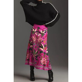 THLAI Womens Skirt Midi Skirt Tropical Plant Print Pink Zipper A-Line Long Skirts Spring Summer Skirt Floral