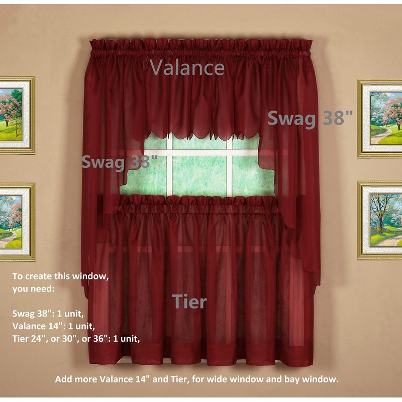 Today's Curtain Emelia Original Voile Tier Pair 30", Burgundy, 60"