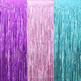blf Unicorn Birthday Decorations for Girls Purple Pink Aquamarine Foil Fringe Tinsel Curtain Photo Booth Foil Curtain Backdrop Unicorn Party Decorations (3 Pack 3.2 X 6.6 ft)
