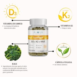 Vitamina D3 K2 + Kale | D3 400 UI + Vitamina K2 | 60 Cápsulas Veganas