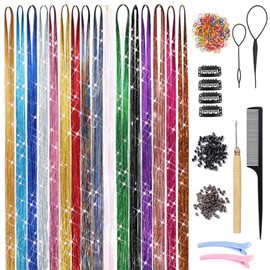 16 Colors Hair Tinsel Kit with Tools 3200 Strands Glitter Tinsel Hair Extensions Heat Resistant Sparkling Shiny Fairy Hair Accessories for Women Girl Kids 47Inch