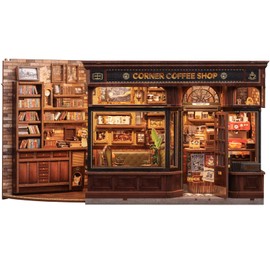 Fsolis DIY Book Nook Building Kit & Dollhouse Miniature Creative Gift for Adults & Teenagers, Magic 3D Wooden Decoration with Illuminated Dollhouse for Bookshelves (Corner Coffee Shop)