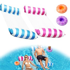 Inflatable Swimming Bed, Hammock Pool with Net, 2 Pieces Air Mattress Pool with 2 Inflatable Drink Holders, Water Hammock, 4-in-1 Air Mattress Water, Water Toy Children and Adults