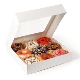 Fit Meal Prep 25 Pack Pie Boxes, 12 x 12 x 2.5 Inches White Bakery Boxes with Window, Auto-Popup Treat Boxes for Donuts, Cookies, Pastries, Ideal for Party, Christmas, Valentine's Day