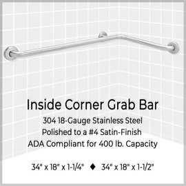 Inside Corner Grab Bar - ADA Bathroom Safety Handrail/304 Stainless Steel/Smooth/ 34 x 18 x 1.50"