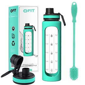 32 oz Glass Motivational Water Bottle with Time Marker & BRUSH - EXTRA Lid, Reusable, Wide Mouth, Leakproof, Large Glass Drinking Bottle for Hydration (Seafoam Sleeve, with Brush)