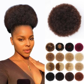 Fullart Afro Puff Drawstring Ponytail Extension #2 Darkest Brown 100% Human Hair Naturally Styled Hairpiece Human Hair Clip in Hair Extensions for Black Women