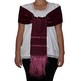 Typical Mexican Rebozo or Chalina, Mexican Pashmina Shawl (94" x 24.5"), Wine, One Size