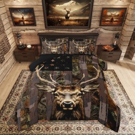 Camo Queen Comforter Set for Boys Kids,Deer Bedding Sets American Flag Camouflage Down Comforter Hunting Woodland Moose Wildlife Forest Bed Set,Rustic Farmhouse Cabin Lodge Quit for Men Bedroom Decor