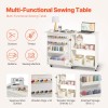 White Folding Sewing Table With Storage Shelves And Lockable Wheels