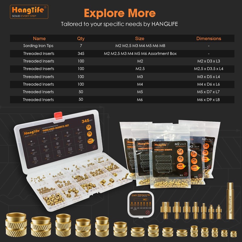 HANGLIFE M6 Heat-Set Threaded Inserts with Insert Tip, Heat Set