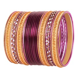 Touchstone "Colourful 2 Dozen Bangle Collection" Indian Bollywood Pastel Burgundy Golden Glaze Designer Jewellery Special Large Size Bangle Bracelets Set of 24 in Gold Tone for Women, Metal