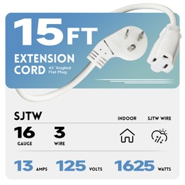 EP Cable de extensión de enchufe plano de 15 pies, 16 AWG, 3 clavijas, cable de extensión de perfil bajo blanco para interiores, listado UL