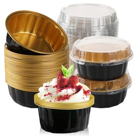 100 Pcs 8 oz Aluminum Foil Cup with Lids Disposable Ramekins with Lids Disposable Ramekin Baking Cups Foil Cupcake Containers for Wedding, Christmas, Kitchen, Party (Black, Gold, 8 oz)