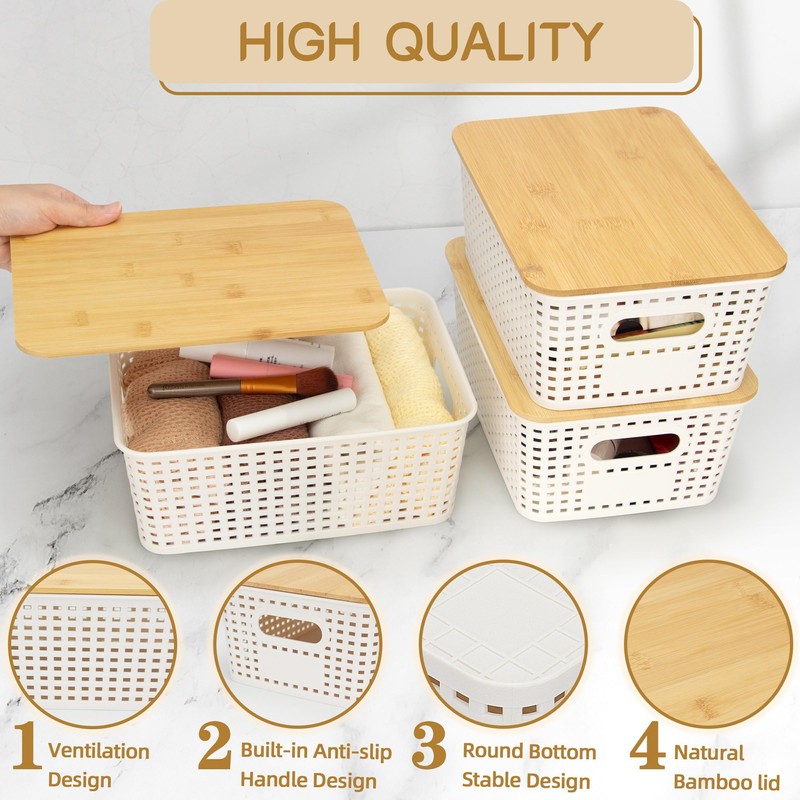 MOSANEE Small Plastic Storage Bins with Bamboo Lids 6 Packs,Decorative