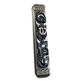 Mezuzah, Easy Mount, Art Glass on Metal Case *Gift Box and Non-Kosher Scroll Included* (Marbled Black White)