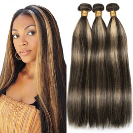 Dokksiiia Honey Blonde Ombre Straight Bundles Human Hair P1B27 Highlight Honey Blonde Bondles Black and #27 Mix Weave Double Weft Brazilian Human Hair Extensions 16 18 20 Inch