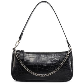 Loiral Shoulder Bags for Women, Retro Classic Tote HandBag Crocodile Pattern Clutch Mini Purse with Zipper Closure, Black