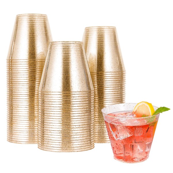 JOLLY CHEF 100pcs 9OZ Gold Glitter Plastic Cups,Disposable ,Clear Tumblers For Wedding Thanksgiving, Christmas Party