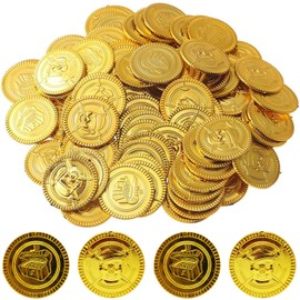 Binnan Plastic Gold Coins, Artificial Gold Coins, Plastic Gold Thaler, Pack of 100 Gold Coins, Play Money for Children's Birthday Party Gifts, Gold Coins for Pirates, Adventure, Treasure Hunt, Event