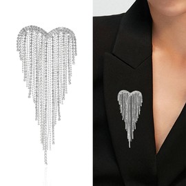 Heart Tassel Rhinestones Brooches Lapel Pins Delicate Luxury Sparkly Crystal Heart Love Charm Brooch Classic for Women Ladies Girls Dainty Dress Suit Shirt Ceremony Clothes Jewelry (Silvery)