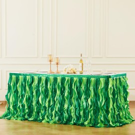 Wish Care 6ft Green Sequin Table Skirt for Rectangle Tables Curly Willow Hawaiian Tutu Skirt Ruffle Table Cloth Desk Skirts for Birthday Baby Shower Jungle Luau Tropical Theme Party Table Decorations