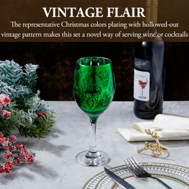 MyGift 10 oz Stemmed Wine Glass Glassware Duo with Green Mirror Finish Etched in Baroque Pattern, Elegant Wine Drinking Glasses for Dinner Party, Wedding, Set of 2