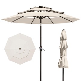 PatioKingdom 9FT 3 Tiers Patio Umbrella,Outdoor Table Market Umbrella with 8 Fiberglass Ribs for Pool,Deck, Garden,Backyard,Cream White