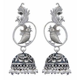 Designer Brass Indian Antique Bollywood Traditional Ethnic Bohemian Pearl Silver Oxidized Dangle Jhumka Earrings Women