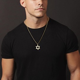 Star of David Necklace Stainless steel Gold David Star Jewish Star Pendant on round Box Chain Dainty Religious Necklaces Gifts for Men Guys Boy, 16Inch, Stainless Steel, No Gemstone