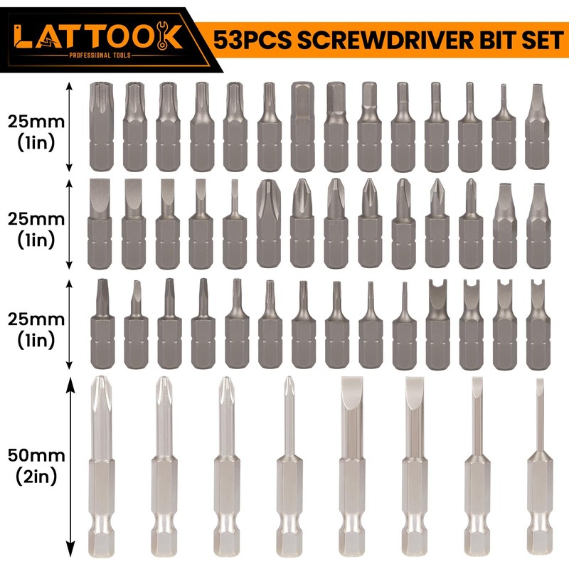 53-Piece Screwdriver Bit Set, LATTOOK Right Angle Low Profile 90
