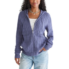 Aeropostale Women's Zip Up Cable Sweater, Nightshadow Blue, X-Small