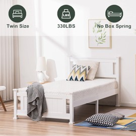 Bonnlo Twin Size Solid Wood Platform Bed Frame, Single Bed with Headboard, No Box Spring Needed Panel Bed, Wood Slat Support Mattress Foundation, White