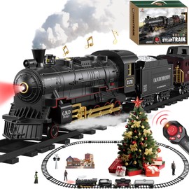 Electric Remote Control Train Set Christmas Trains Steam Locomotive, Cargo Car & Tracks, Rechargeable Train Toys for Kids w/3 Smoke,Whistle & Lights, Christmas Birthday Gift for Boys Girls 3 4 5 6 7