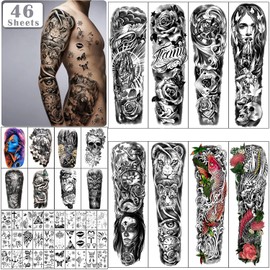 Tatuajes temporales de brazo completo extra grandes, impermeables, 8 hojas y medio brazo, 8 hojas, diminutas 30 hojas de tatuaje duraderas para niñas, adultos, mujeres o hombres (total 46 hojas)