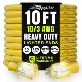 10ft Outdoor/Indoor Extension Cord 10/3 Gauge Ultra Heavy Duty 3 Prong SJTW, Waterproof, Flexible Cold-Resistant Long Power Cord,15A 125V 1875W, Yellow by LifeSupplyUSA