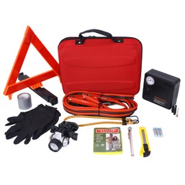 Car Roadside Emergency Kit with Jumper Cable, Auto Truck Vehicle Assistant Safety Kit with Portable Air Compressor, LED Headlight for Road Trip SUV