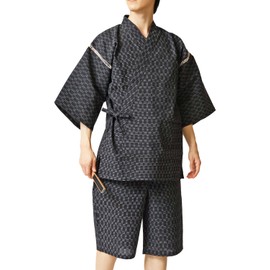GIORNO SEVEN Men's Jinbei japanese men pajamas Kimono Jimbei SIJIRAORI Set Yukata sleepwear summer robe Loungewear Bathrobe B-Black L