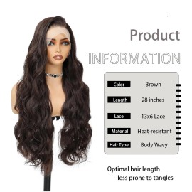 HD Lace Front Wig Human Hair Blend Highlights  Straight Long 28 Inch Black