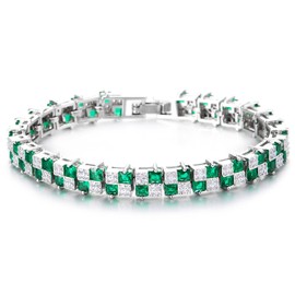COOLSTEELANDBEYOND Women's Emerald Green and White CZ Tennis Bracelet, Square Cut Stones, Bangle Bracelet, Luxurious