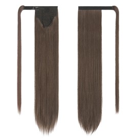 FESHFEN Long Straight Ponytail Extensions Wrap Around Clip in Synthetic Ponytails Hair Piece Pony Tails Extensions Hairpieces for Women 24 Inch Light Brown