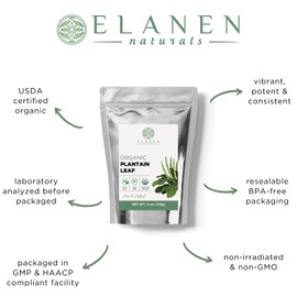 Elanen Naturals Organic Plantain Leaf 4 oz. (113g), USDA Certified Organic Dried Broadleaf Plantain Tea, Dried Plaintain Herb, Cut & Sifted