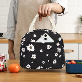 Lunch Bag for Women Grils Reusable Insulated Lunch Box for Work School Picnic Beach (Daisy Black)