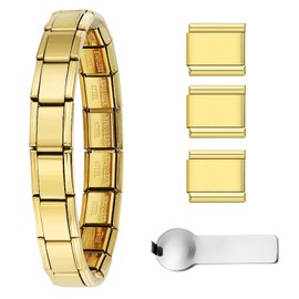 Double Fair Silver Stainless Steel 6.75 Inch Italian Charm Bracelet Starter with Opening Tool Interchangeable 9mm Modular Links Nomination Bracelet Jewelry for Women Men (14K Gold)